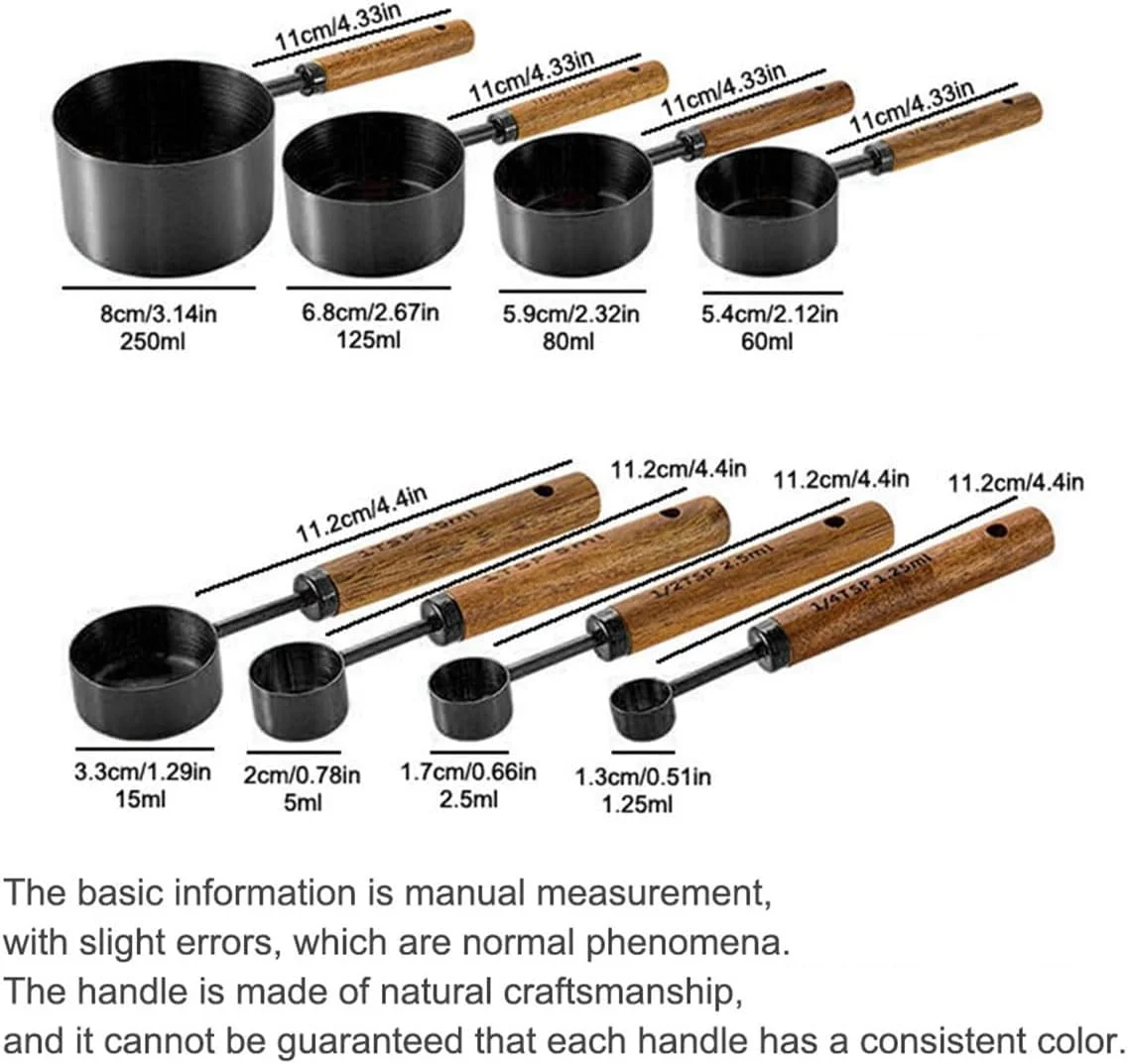 8 pieces Golden Measuring Cups Set and Measuring Spoons Set with Scale, Wooden Handle Stainless Steel Dry &amp
