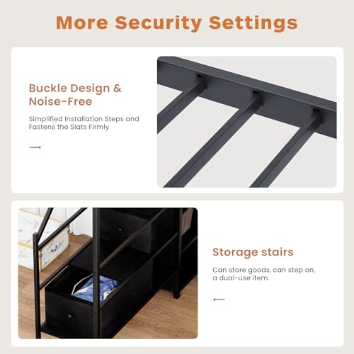 Full Size Loft Bed with L-Shaped Desk, LED Lights and Charging Station, Full Size Loft Bed with Stairs, Wardrobe and 2 Storage Drawers(Black Full)