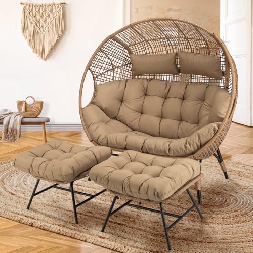 NICESOUL® Double Egg Chair Indoor Outdoor Stationary Oversized Thicken Padded Cushions, 2 Person Egg Loveseat Chair