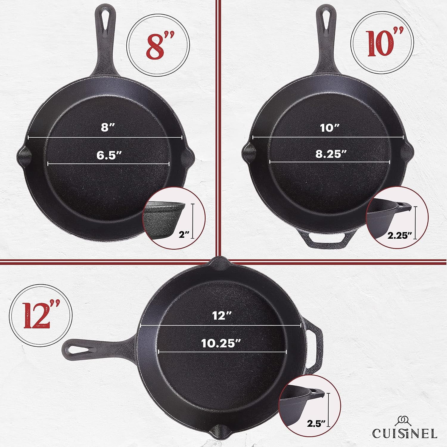 Cast Iron Skillet Set with Lids - 8"+10"+12"-inch Pre-Seasoned Covered Frying Pan Set + Silicone Handle and Lid Holders + Scraper/Cleaner