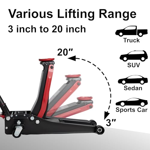 3-Ton (6600lbs) Low-Profile Dual Pistons Heavy-Duty Steel Racing Floor Jack with Quick Lift Hydraulic Pump