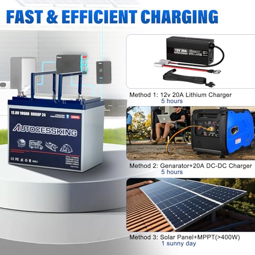 12V 100Ah BCI Group 24 LiFePO4 Battery, 100A BMS Rechargeable Mini Lithium Battery with Low-Temp Protection, Up to 15000 Cycles Perfect for RV