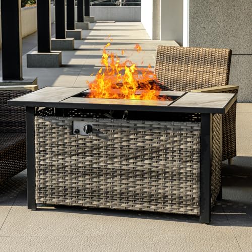 30" Propane Fire Pit with Real Ceramic Tabletop, 50000 BTU Gas Firepit Table with Lid & Glass Rock, Outdoor Fire Pit for Dining or Party