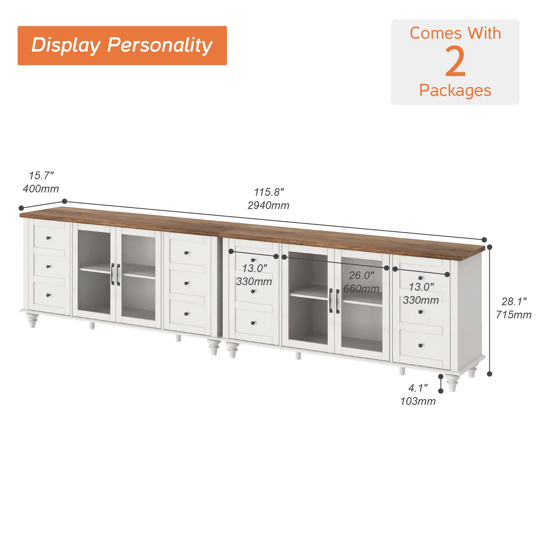 WAMPAT Glass Door Farmhouse TV Stand for TVs Up to 110 inch, Glass and Wood Universal TV Stand