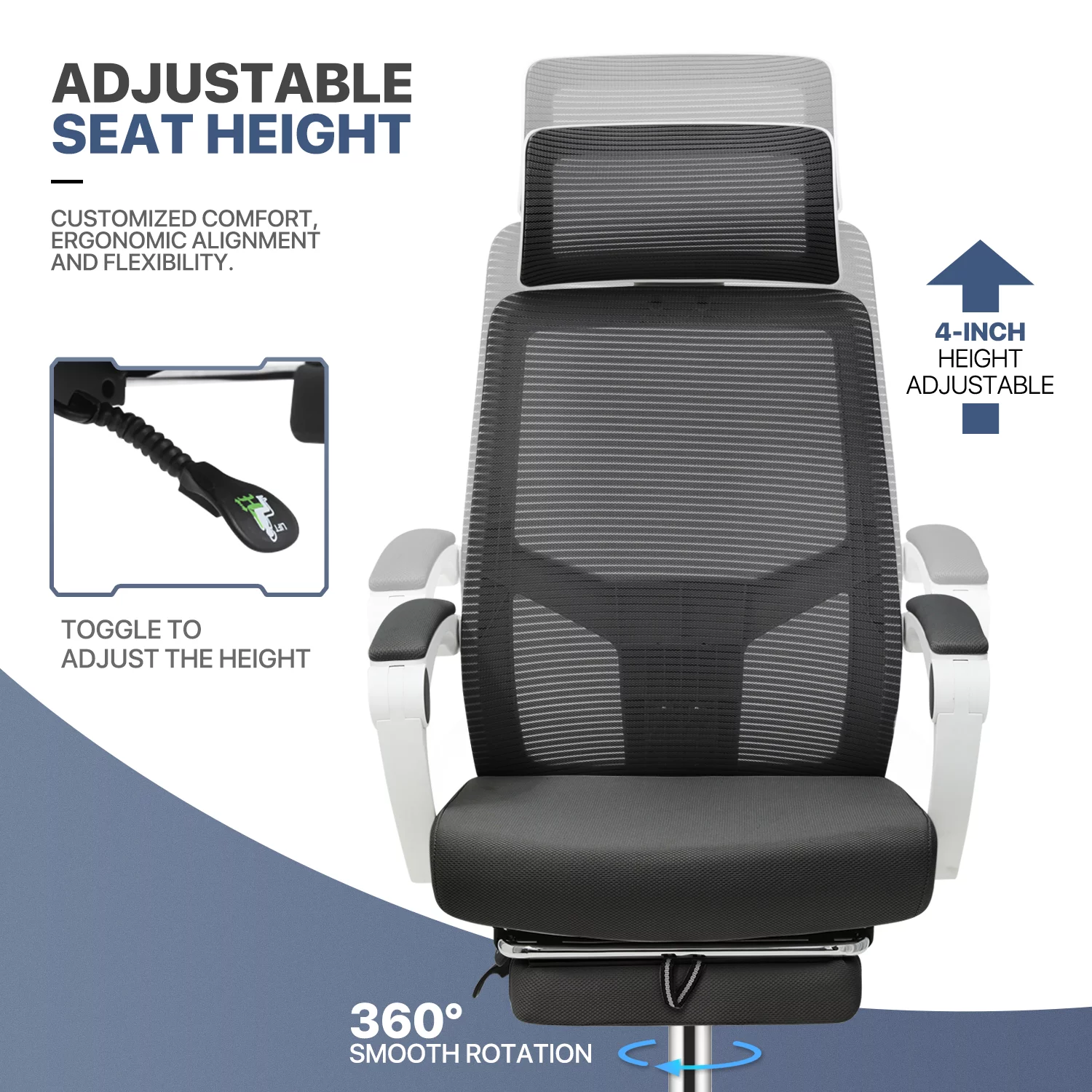 MoNiBloom Adjustable Office Executive Chair, Ergonomic High Back Mesh Swivel Seat with Headrest & Footrest for Office, Black