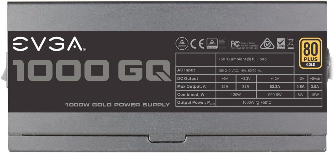 EVGA 210-GQ-1000-V1,1000 GQ, 80+ GOLD 1000W, Semi Modular, EVGA ECO Mode, 5 Year Warranty, Power Supply,Black
