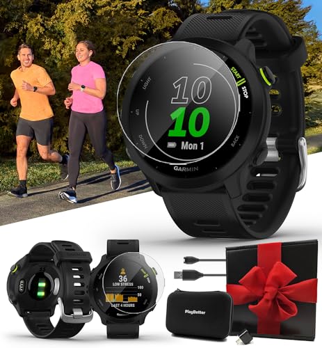 Garmin Forerunner 55 (Black) GPS Running Watch | Beginner Heart Rate Monitor Watch with Time, Pace & Speed Tracker | Gift Box Bundle Wall Adapter