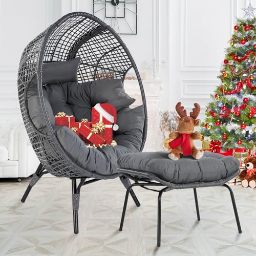 NICESOUL Stationary Egg Chair Indoor Outdoor Wicker Oversized Thick Cushions Egg Shaped Loveseat Chair