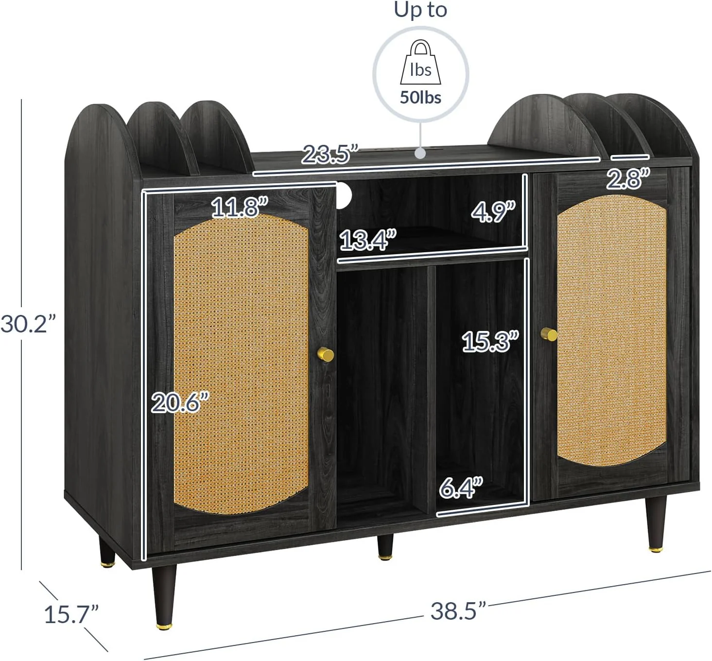 LNboomLife Mid-Century Record Player Stand  Vinyl Record  Cabinet Holds up to 350+ Albums  Rattern Decorated Turntable Stand with Power Outlet for