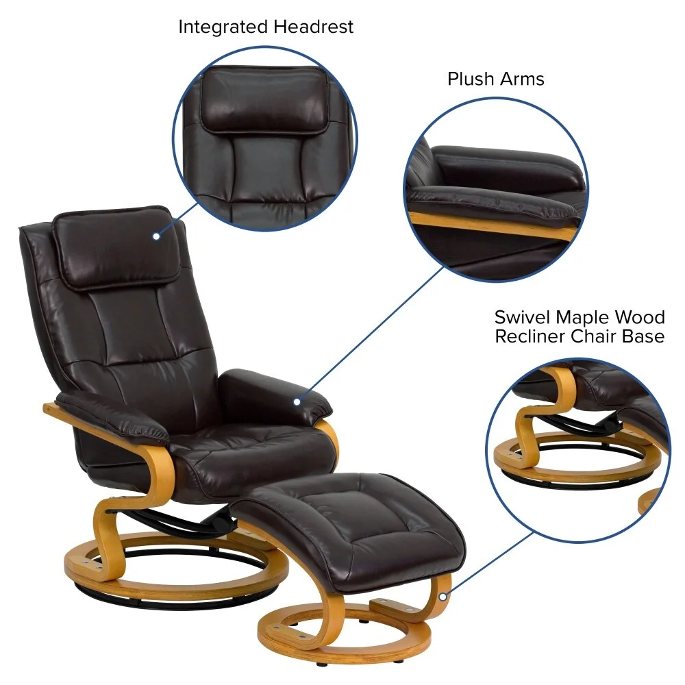 Flash Furniture Contemporary Multi-Position Recliner and Ottoman with Swivel Maple Wood Base Brown Pushback Recline