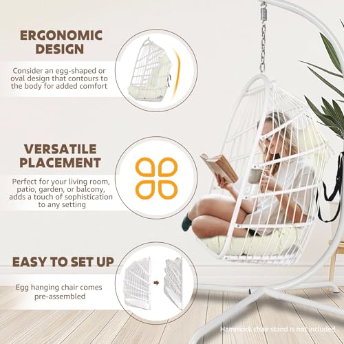 Chihee Egg Chair Foldable Wicker Rattan Hanging Chair Swing Chair Indoor Outdoor Patio Wicker Chair Hammock Chair with Stainless Steel Hanging Kit
