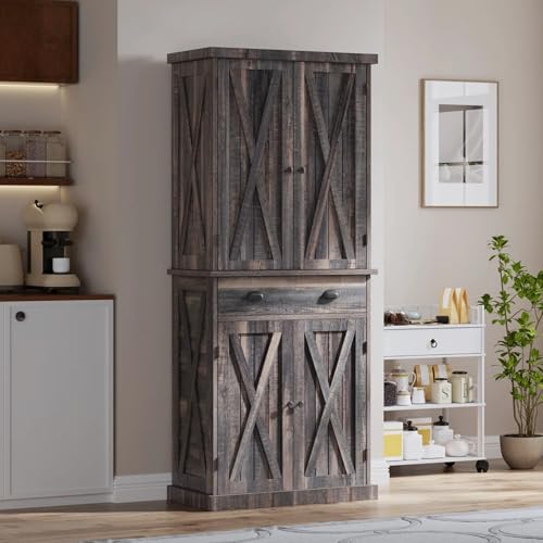 YITAHOME 72'' Tall Kitchen Pantry Cabinets, Farmhouse Storage Cabinets with Barn Doors, Drawer ＆ Adjustable Shelves