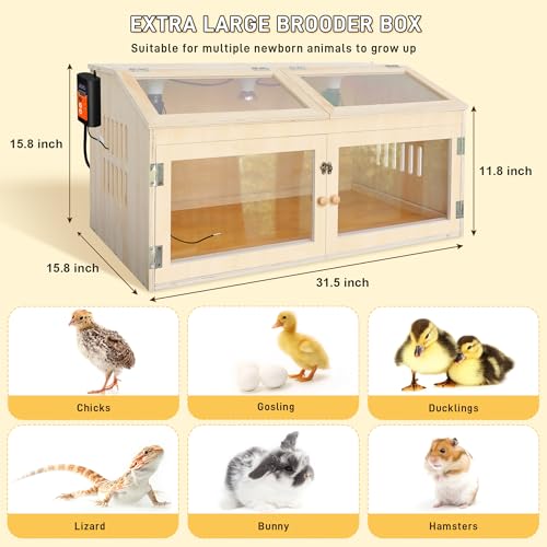 Large Chicken Brooder Box for Chick, Extra Wide 32" Wooden Chick Brooder Box with Intelligent Thermostat, Heating Lamps