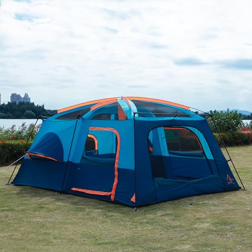 KTT Extra Large Tent 10-12-14 Person(Style-B),Family Cabin Tents,2 Rooms,3 Doors and 3 Windows with Mesh,Straight Wall,Waterproof,Double Layer