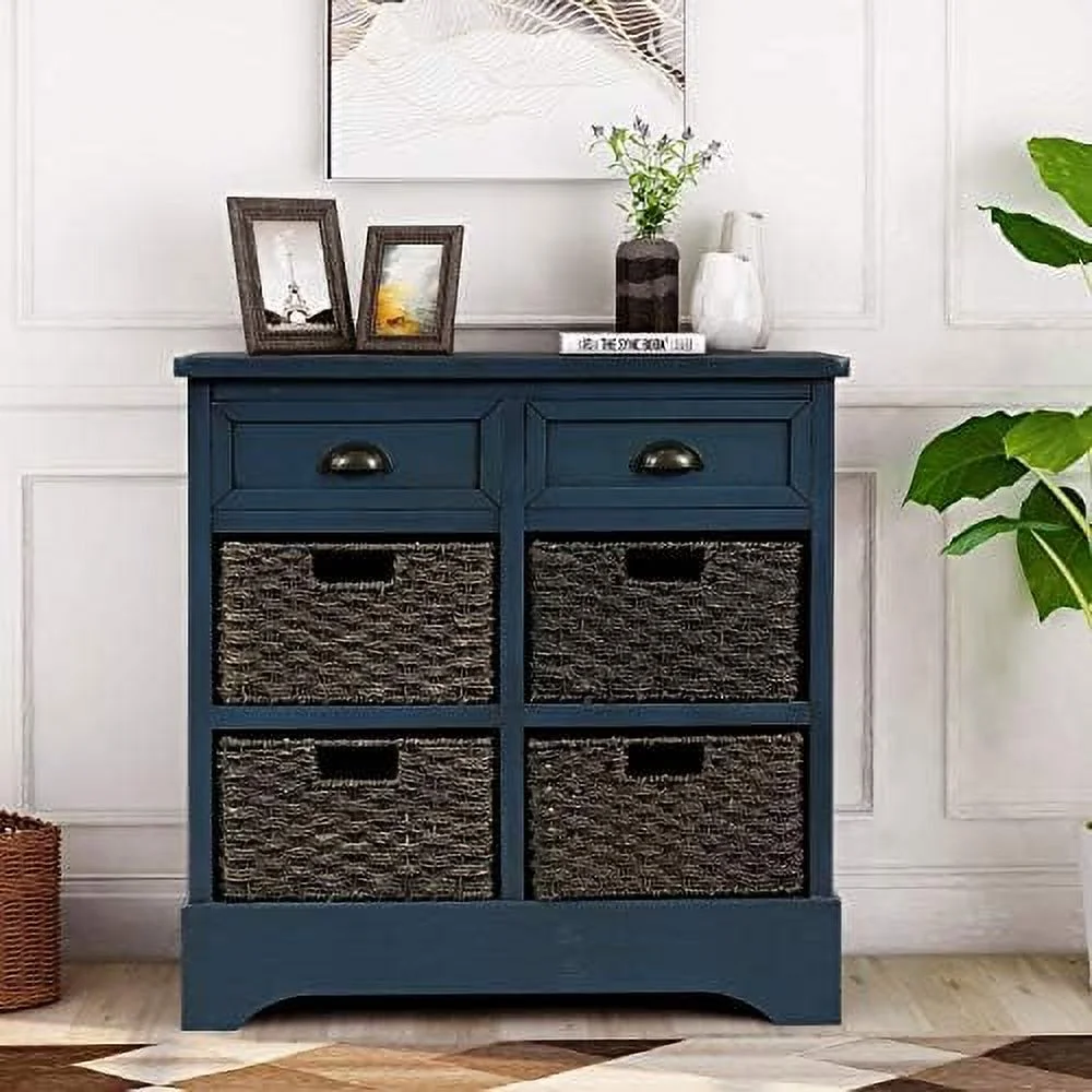 HOOMHIBIU Farmhouse Wicker  Cabinet with 2 Drawers and 4 Baskets  Living Room Bedroom Wooden Chest of Drawers  Fully Assembled  28" W x 11.8"