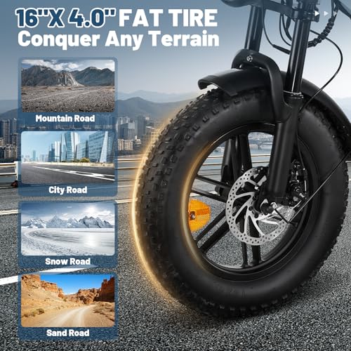 OUXI Electric Bike for Adults, 16" Fat Tire Ebike with 36V 10.4Ah Removable Battery, Moped Style EBike for Teens Up to 20MPH