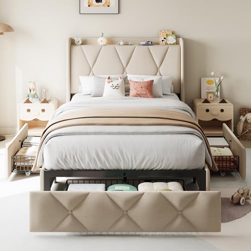 Queen Bed Frame with 4 Storage Drawers and Charging Station, Upholstered Platform Bed Frame with Storage Headboard, No Box Spring Needed