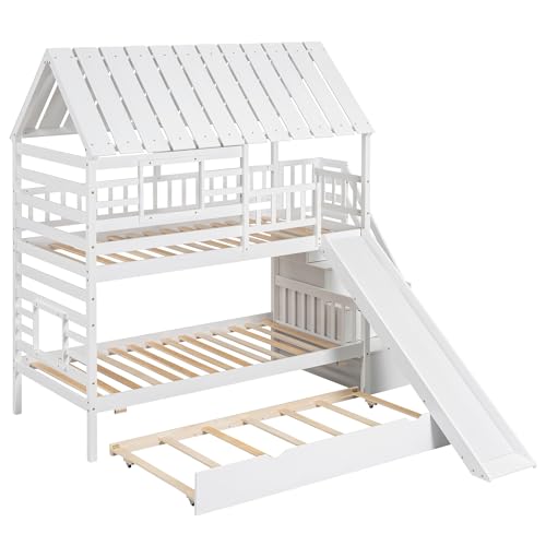 Kids Twin Over Twin Bunk Beds with Slide and Trundle, Solid Wood Bunk Bed Frame with Stairs and Storage