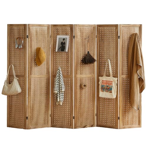 4 Panel Room Dividers and Folding Privacy Screens, 5.6Ft Wooden Pegboard Display, Privacy Dividers for Bedroom