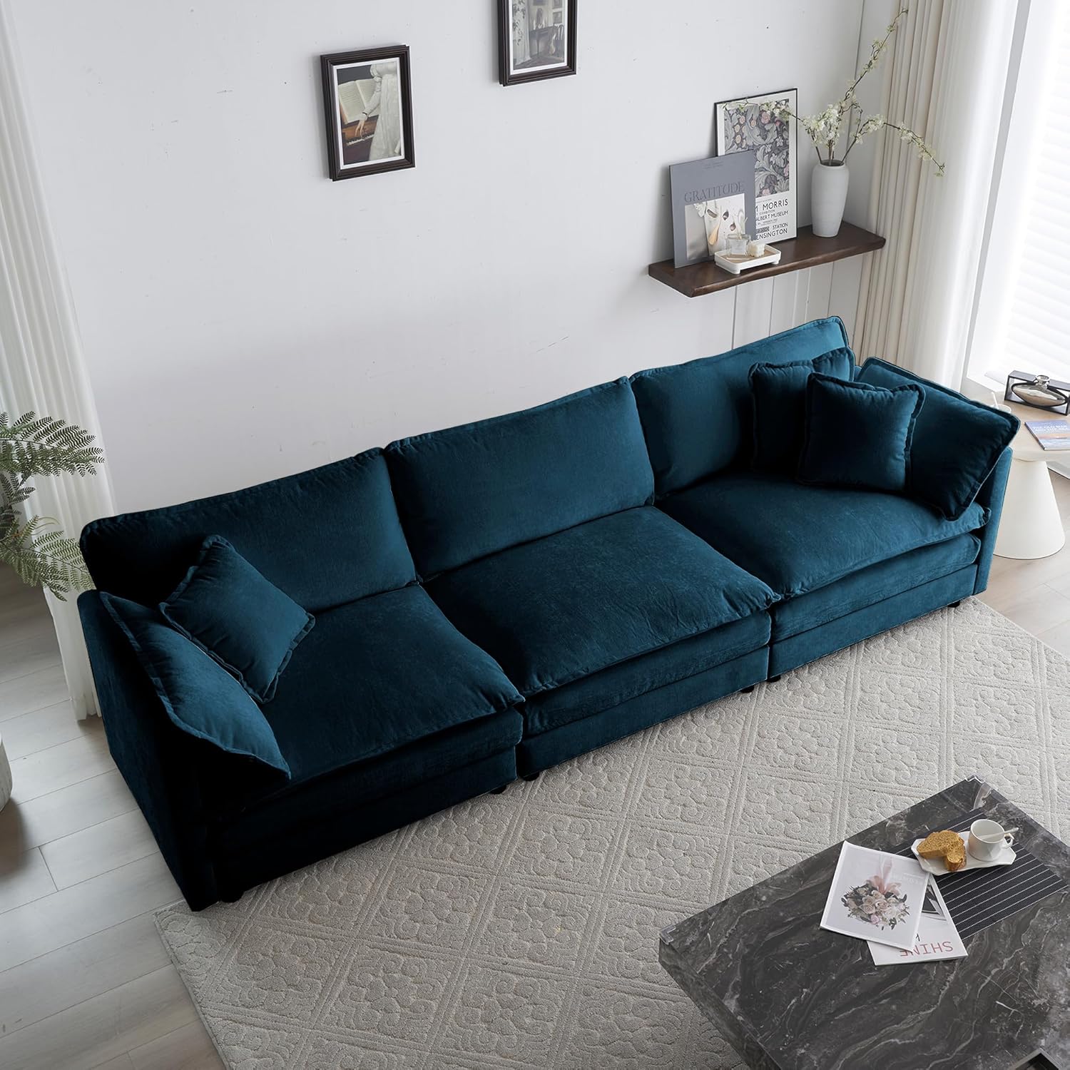 Mid-Century Modern Couch 3-Seater Sofa with 2 Armrest Pillows and 3 Toss Pillows, Couch for Living Room Blue Chenille