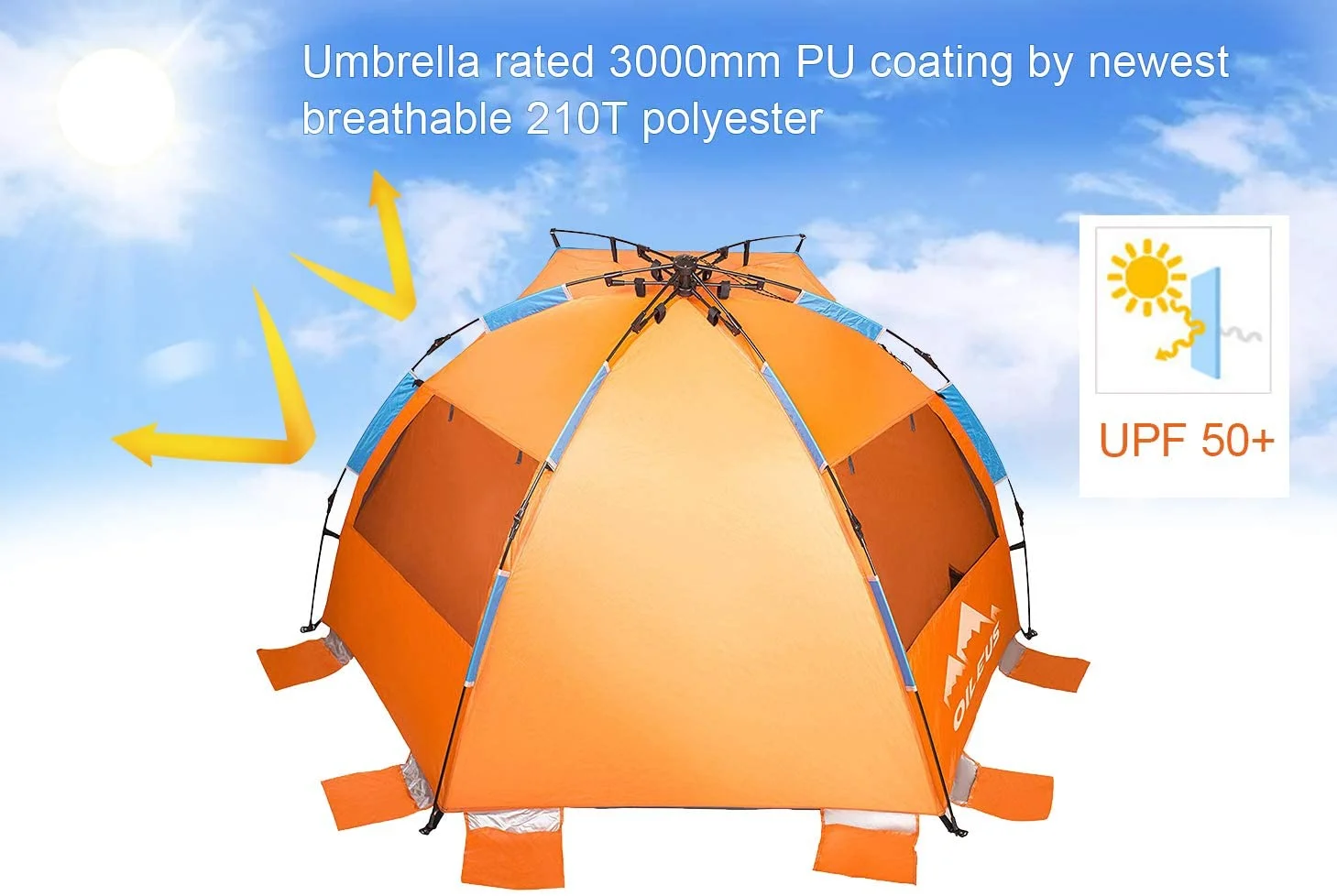 Oileus Beach Tent Sun Shelter X-Large 4 Person Tent, Portable Sun Shade, Pop Up Tents for Beach with Carry Bag, Stakes, 6 Sand Pockets