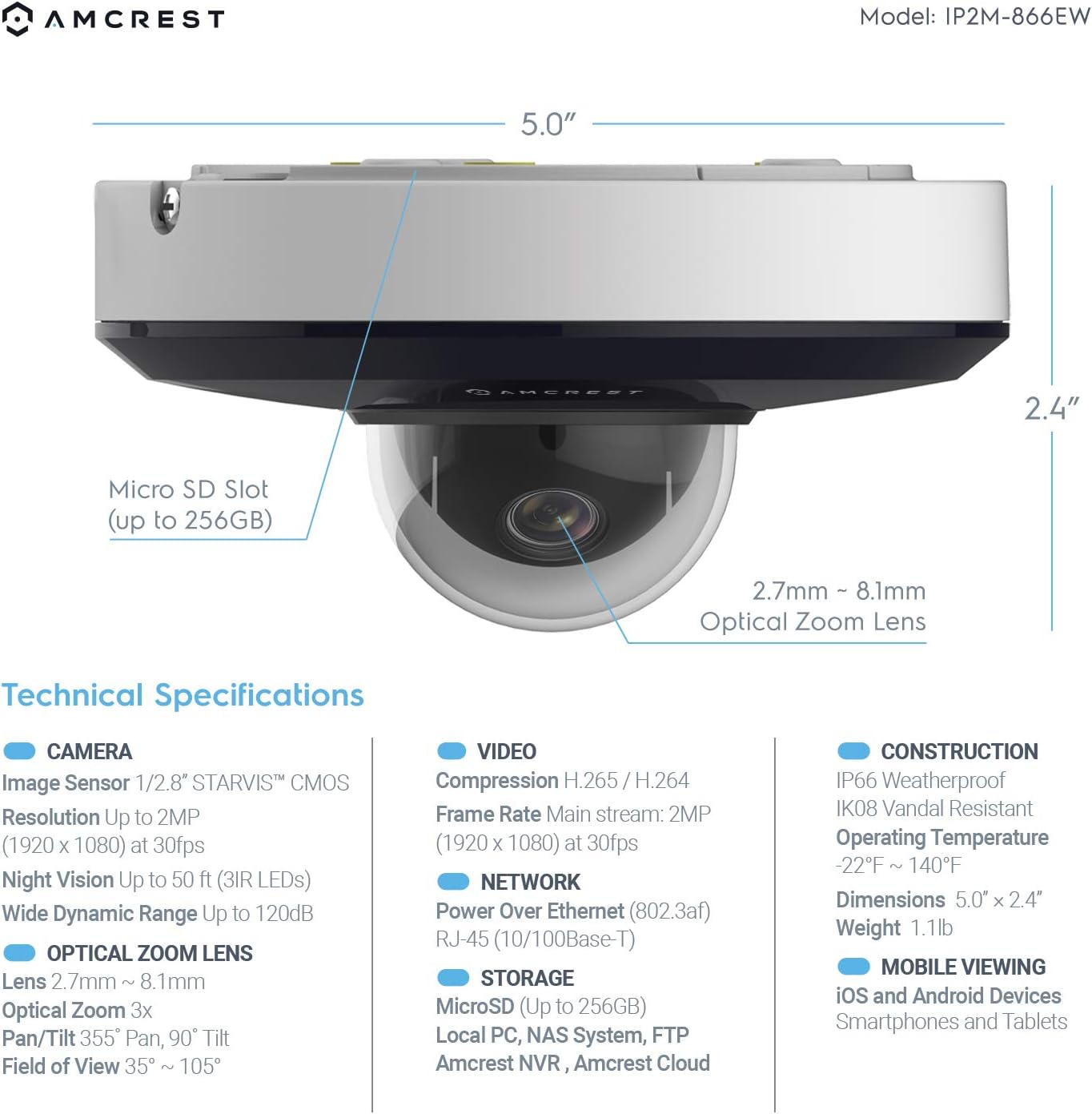 Amcrest ProHD 1080P PTZ Camera Outdoor, 2MP Outdoor Vandal Dome IP PoE Camera (3X Optical Zoom) IK08 Vandal-Proof, IP66 Weatherproof