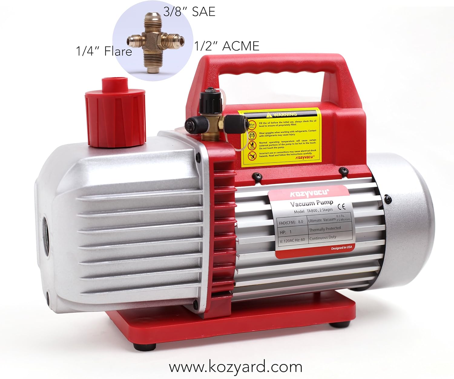 Kozyvacu 8CFM Two-Stage Rotary Vane Professional Vacuum Pump (25 Micron, 3/4HP) for HVAC/Auto AC Refrigerant Recharging, Degassing Wine or epoxy