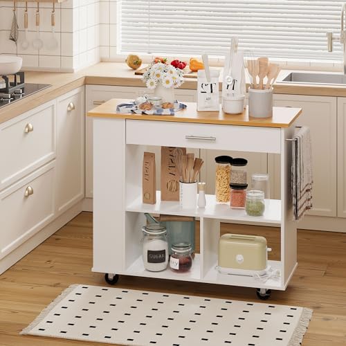 Shintenchi Rolling Kitchen Island Cart with Folding Drop Leaf Breakfast Bar, Portable Trolley Island with Large Storage Cabinet, Shelf and Drawer
