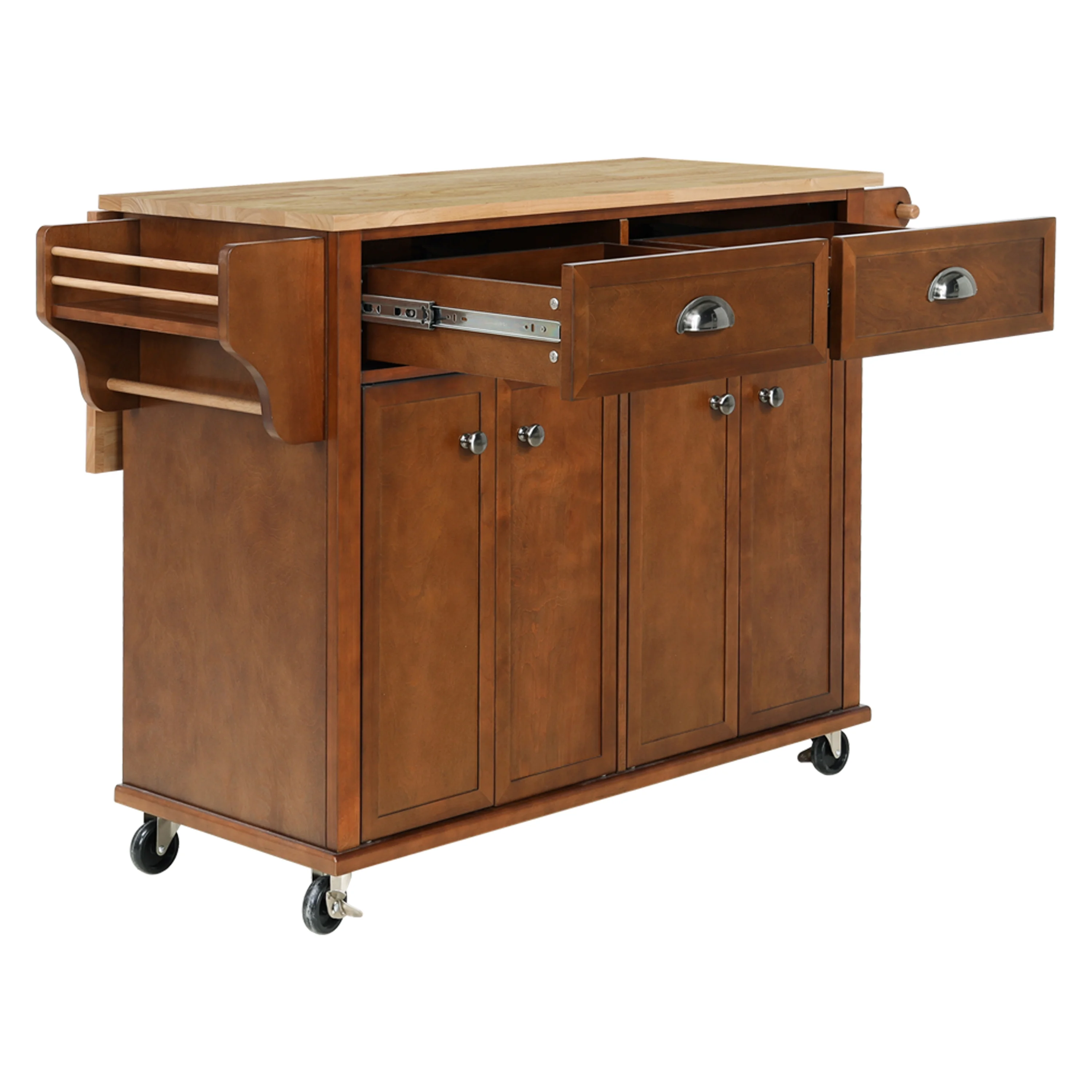 Rolling Kitchen Island Cart with Large Storage Cabinet on Wheels, Solid Rubberwood Countertop with Drop Leaf, Greenguard Gold Certified, 4-Droors