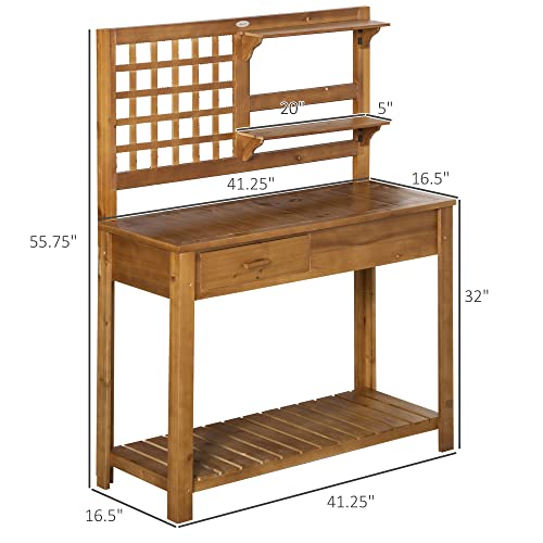 Outsunny Potting Bench Table, Garden Work Bench, Outdoor Wooden Workstation with Tiers of Shelves and Drawer for Patio, Courtyards, Balcony, Brown