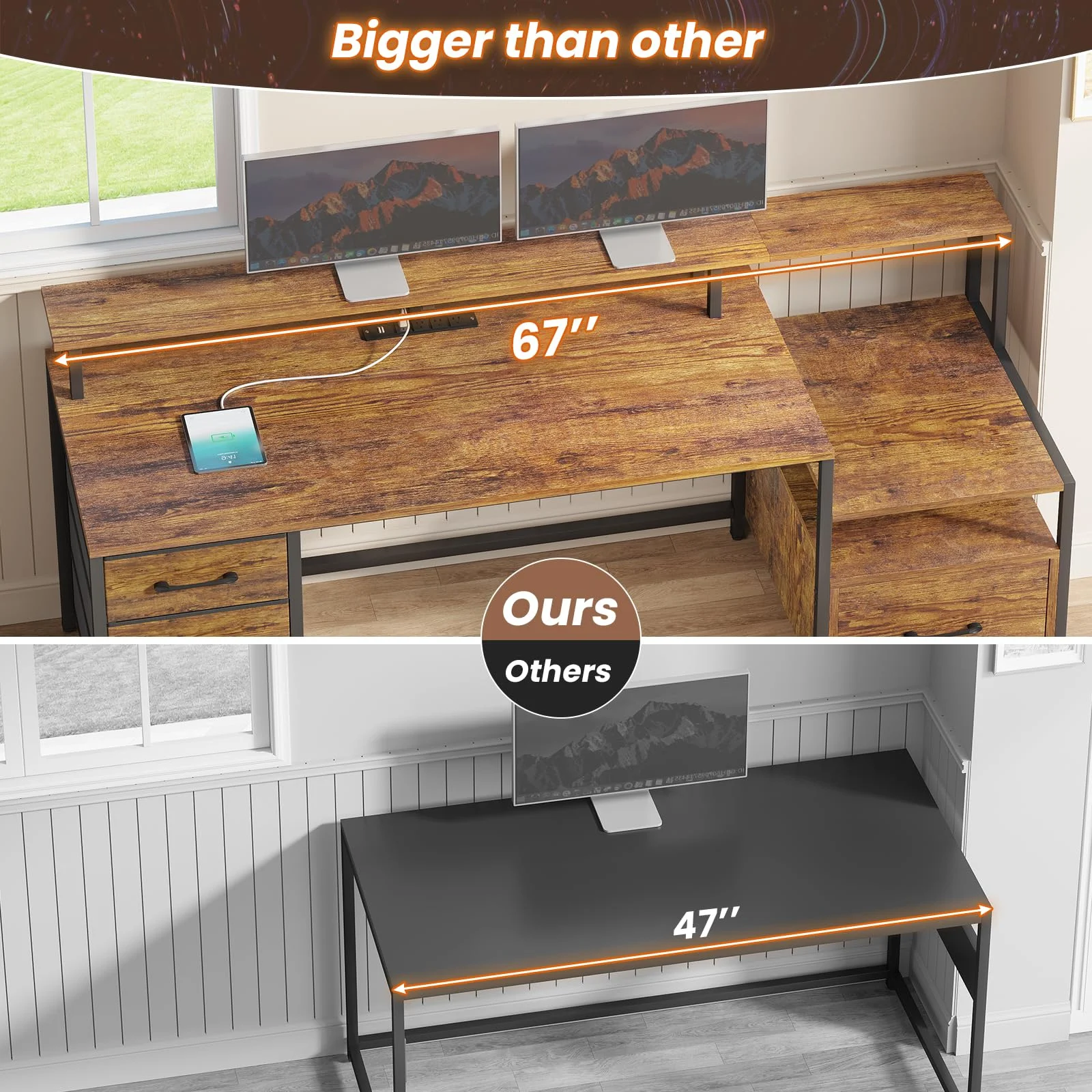 SEDETA Home Office Desk with File Drawer and Power Outlet, 66'' Computer Desk with 4 Drawer, Storage Shelves, Printer Cabinet and Monitor Shelf