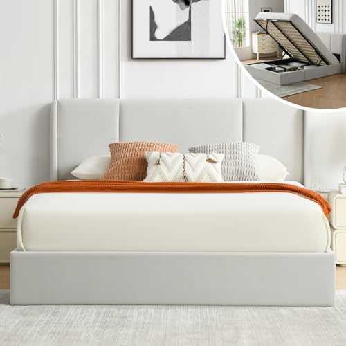 VELOCAVA Queen Size Lift Up Storage Bed with Modern Wingback Headboard, Upholstered Platform Bed with Fabric with Hydraulic Support Bars