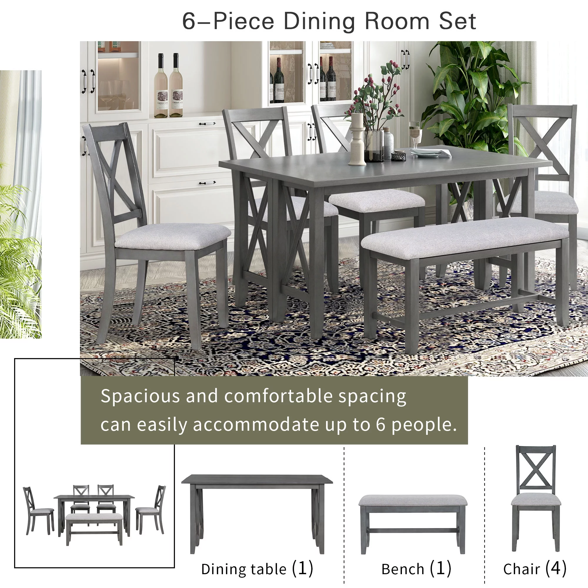 CoSoTower 6-Piece Family Dining Room Set Solid Wood Space Saving Foldable Table and 4 Chairs with Bench for Dining Room, Gray
