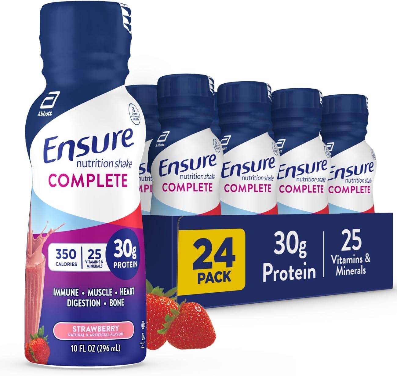 Ensure COMPLETE Nutrition Shake, 30g Protein, Meal Replacement, Immune Health, Strawberry & Vanilla, Pack of 24 (2 Flavors)