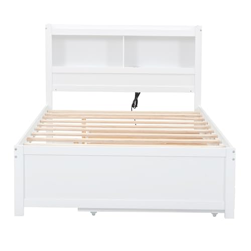 Full Size Storage Bed with Bookcase Headboard and Trundle, Wood Platform Bed Frame with Charging Station