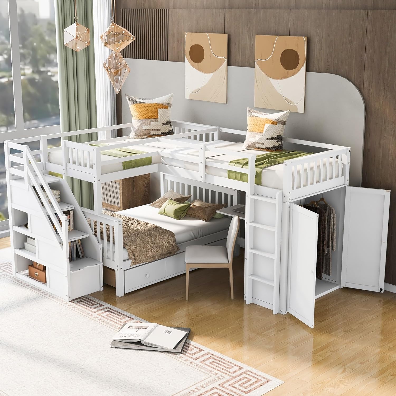 Twin-Twin Over Full L-Shaped Bunk Bed W/3 Drawers Wardrobe Solid Wood W/Portable Desk Ladder Guardrail White Modern Contemporary Unisex Nature Space