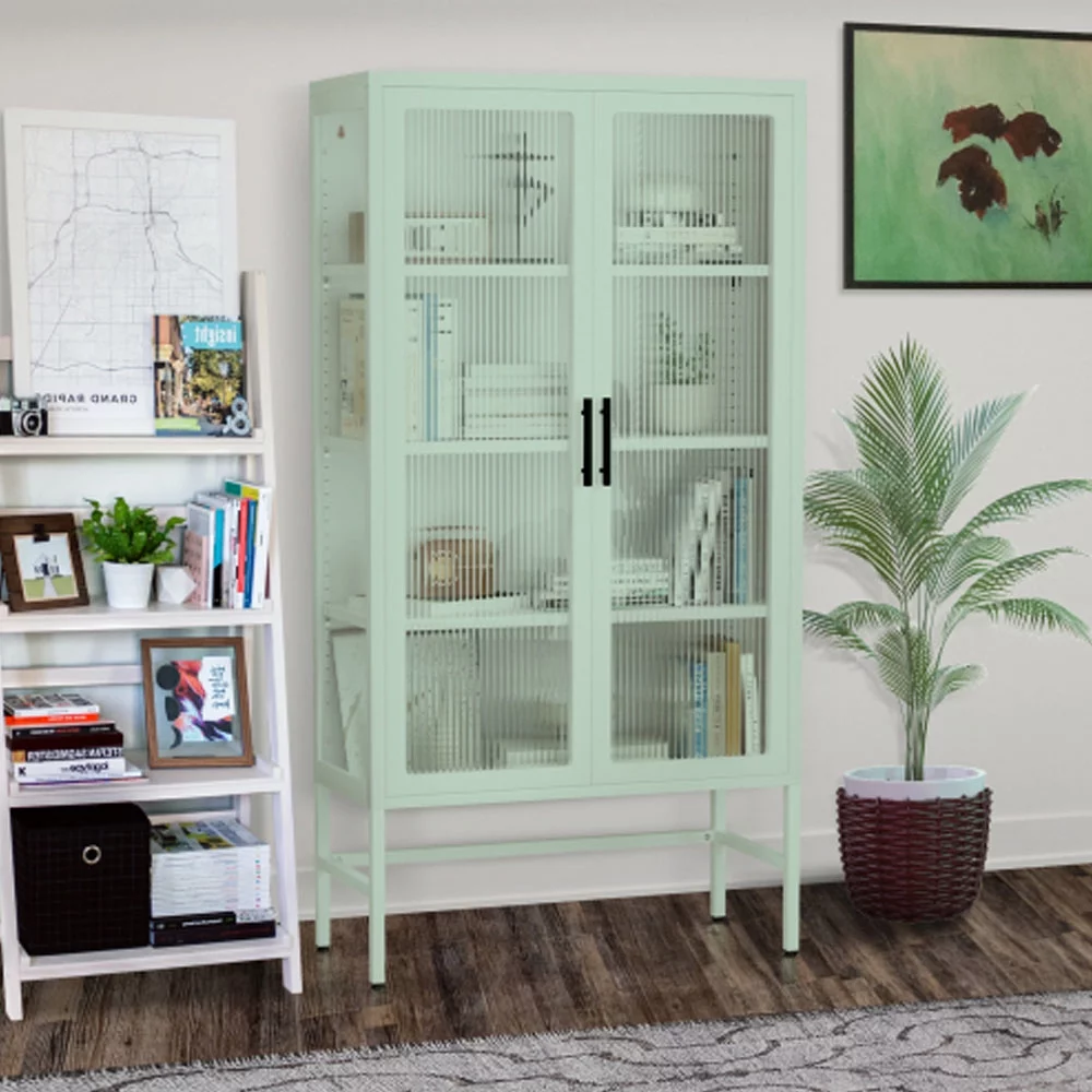 Double Glass Door Storage Cabinet with Adjustable Shelves and Feet Cold-Rolled Steel Sideboard Furniture, Mint green - Radiant Selections