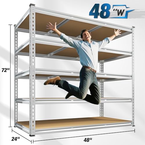 REIBII 48" W Garage Shelving Heavy Duty 3020LBS Storage Shelves 5 Tier Heavy Duty Shelving Adjustable Garage Shelves for Basement, Warehouse
