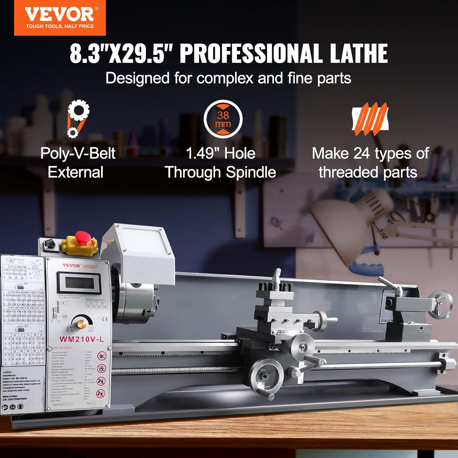 VEVOR Metal Lathe Machine, 8.3'' x 29.5'', Precision Benchtop Power Metal Lathe, 0-2500 RPM Continuously Variable Speed