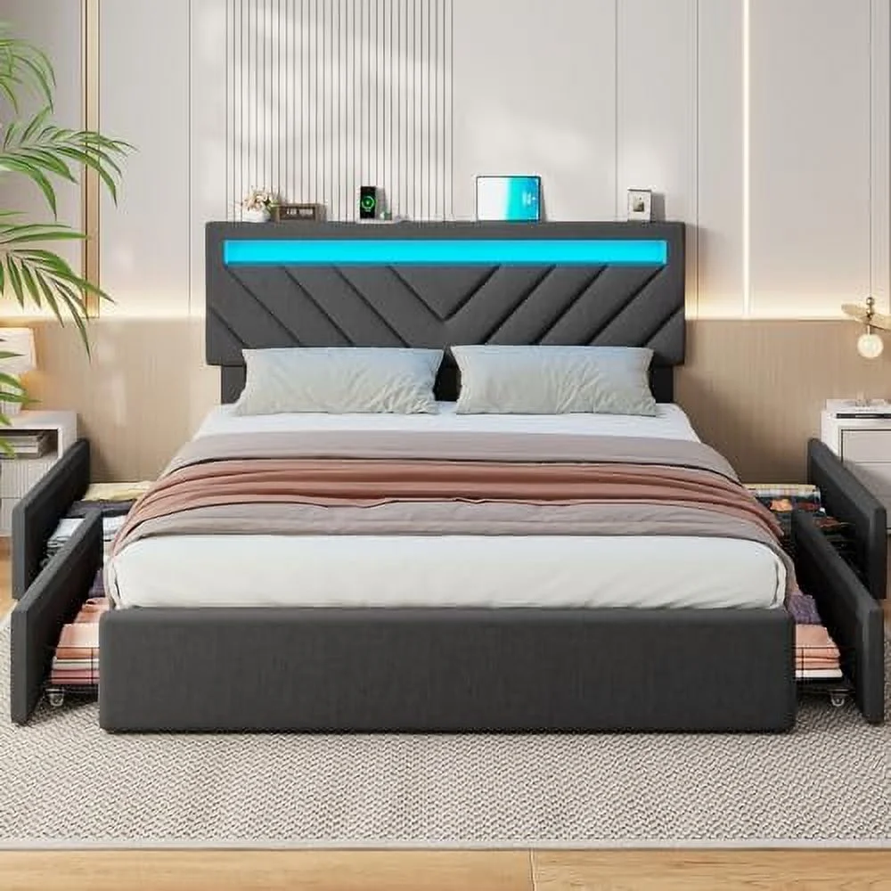 TJCGDTY Queen Bed Frame with Drawers  LED Bed Frame with 2 USB Charging Station  Upholstered Platform Bed with  &amp