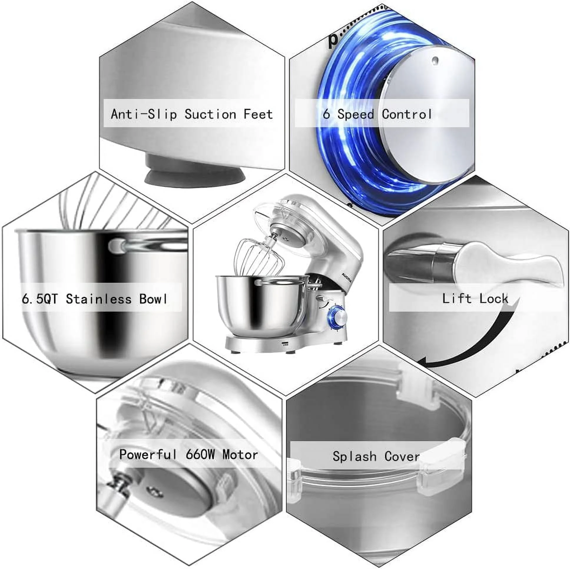 Aucma Stand Mixer 6.5-QT 660W 6-Speed Tilt-Head Food Mixer  Kitchen Electric Mixer with Dough Hook  Wire Whip &amp; Beater (6.5QT  Blue)
