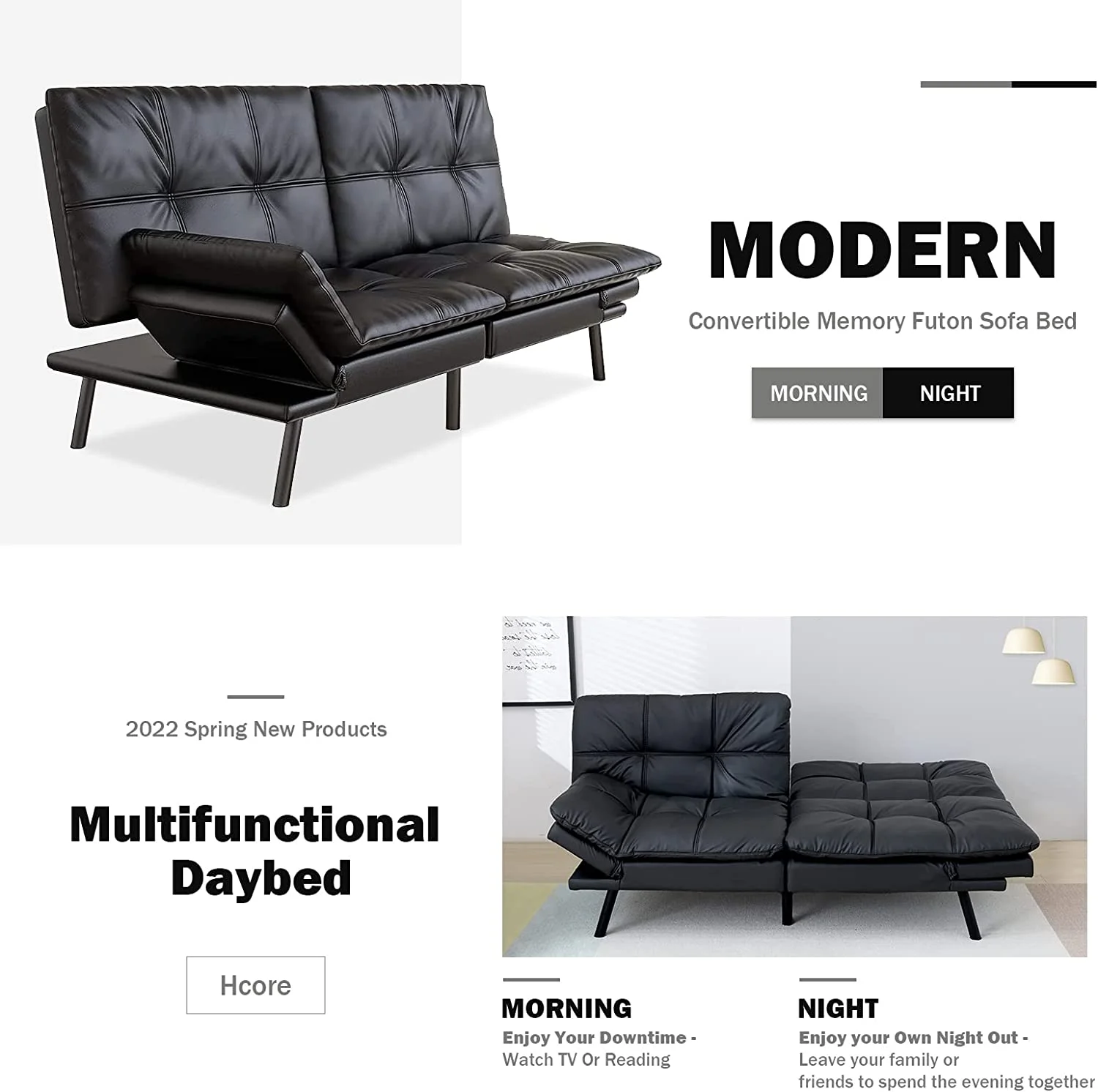 Convertible Futon Sofa Bed,Black Leather Memory Foam Loveseat Futons Sofa Couch,Small Euro Lounger Sofa For Compact Living Spaces,Apartment,Dorm