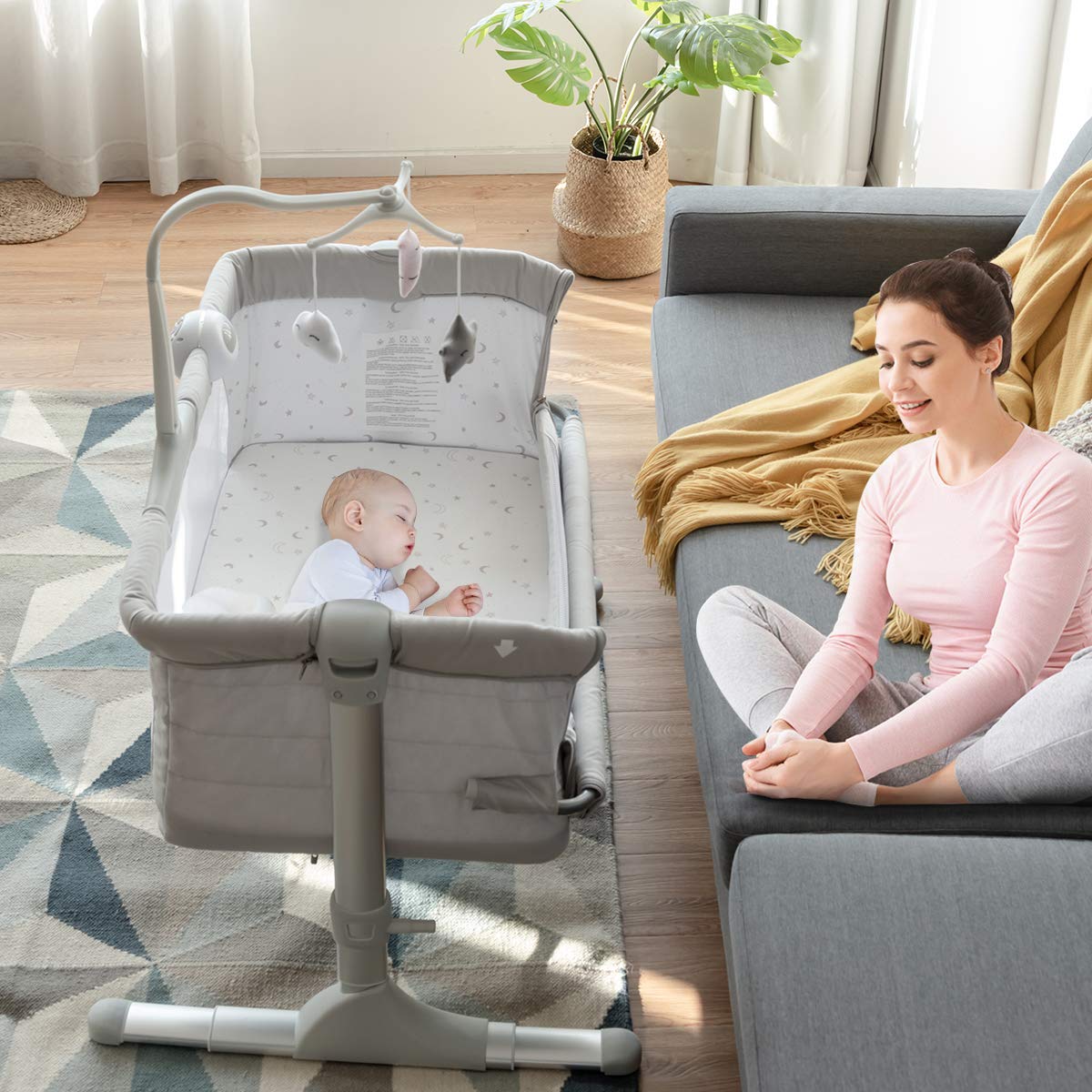 BABY JOY Baby Bedside Bassinet, Height Adjustable Portable Crib w/Music, Toy Rack, Mattress, Straps, Breathable Mesh & Carrying Bag