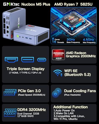 GMKtec M5 Plus Gaming Mini PC Ryzen 7 5825U (Upgraded 7430U/ 5700U), 32GB RAM 1TB SSD Dual NIC LAN 2.5GbE Desktop Computers Office Home
