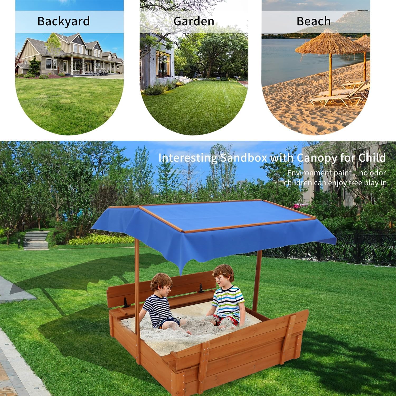 Wooden Cedar Sand Box, Large Kids Sand Boxes with Adjustable Canopy, 2 Foldable Bench Seats, Sand Protection, Bottom Liner