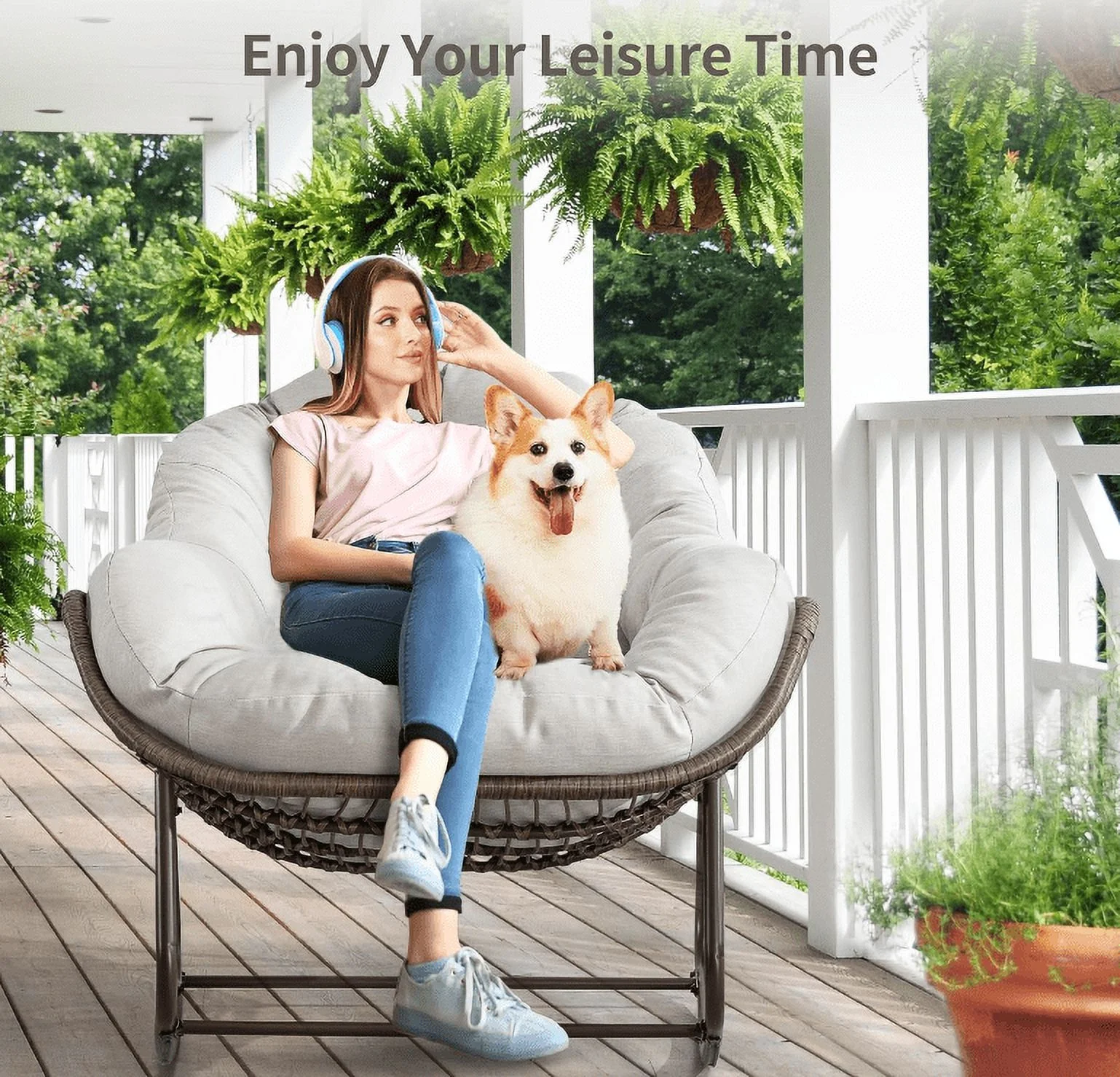 Villeston Outdoor Patio Rocking Chairs, Oversized Papasan Rocking Chair Indoor with Padded Cushion - Rocker Egg Chair for Front Porch, Garden, Patio