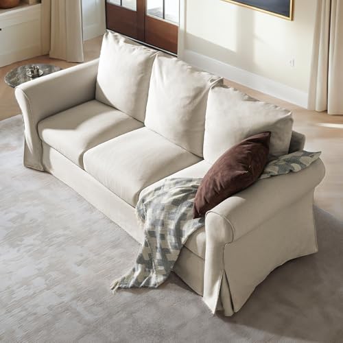Classic 3 Seater Couches for Living Room, 89" White Slip Covered Sofa with Extra Deep Seat