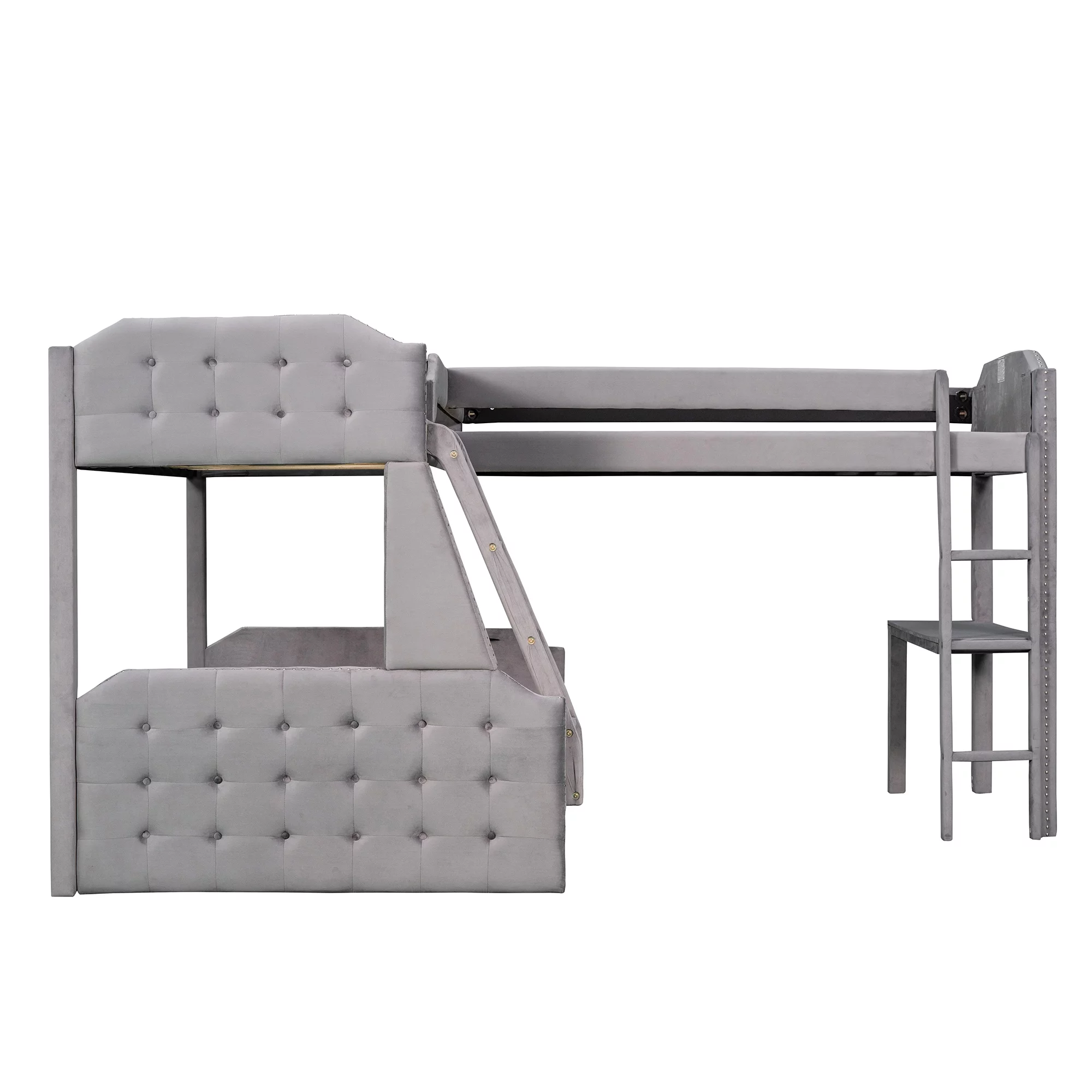 Euroco Upholstery Twin over Full Bunk Bed, Twin Size Loft Bed with Built-in Desk, 3-in-1 Bunk Bed, Solid Upholstered Wood Frame for More Kids, Gray