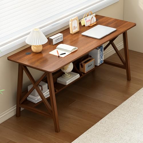Extra Long Desk with Bookshelf - Solid Wood Home Office Work Study Table, 2-Person Writing Computer Workstation with Storage Shelf in Walnut
