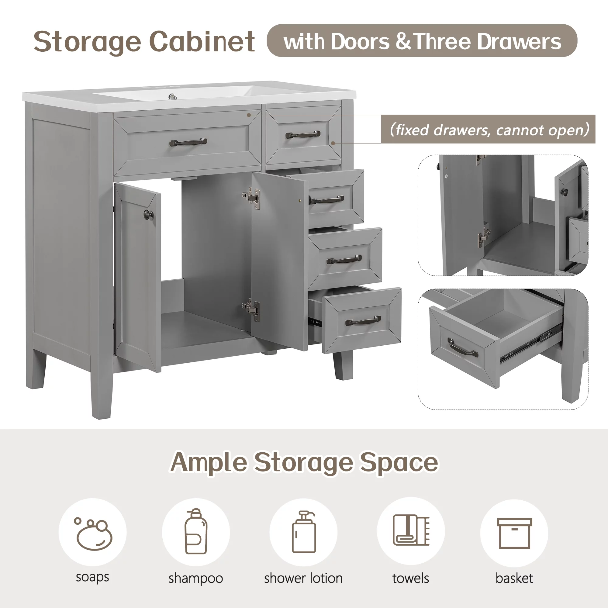 EUROCO 36" Bathroom Vanity with Sink Combo,Modern Freestanding Bathroom Storage Cabinet with 3 Drawers and 2 Doors , Solid Wood Frame,Grey
